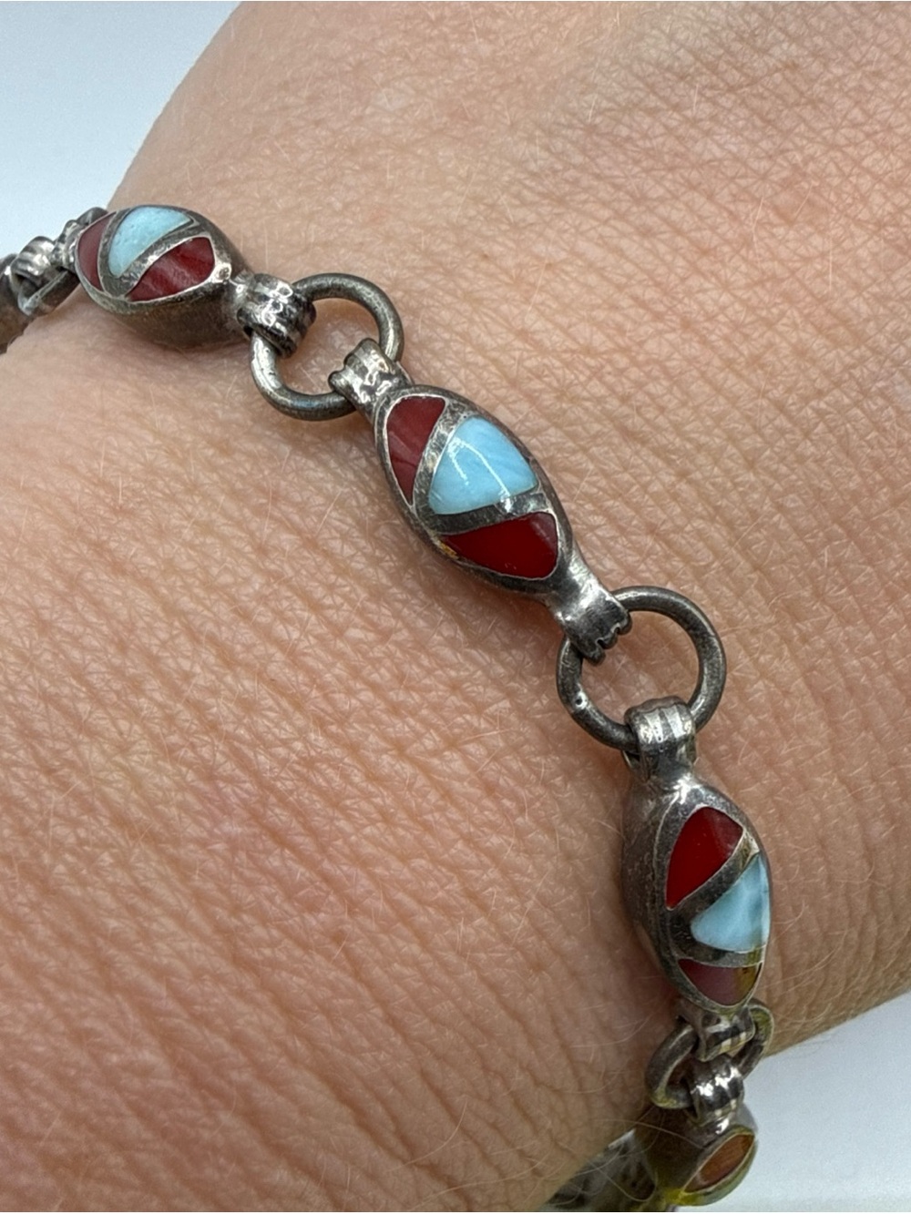 Vintage Sterling 925 Red Blue Multistone Inlay Link Bracelet Southwestern Style